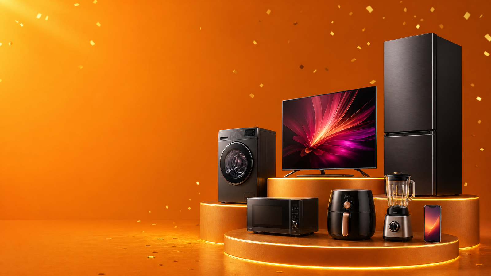 Home appliances arranged on an orange promotional stage
